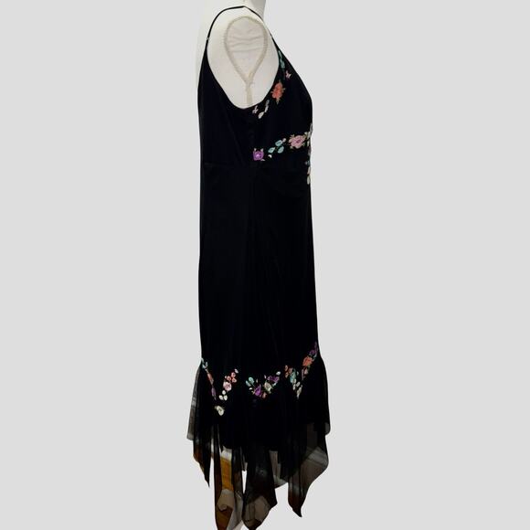 Mixit Y2K Black Embroidered Floral Beaded Hanky Hem Thin Strap Cocktail Dress 14 - Picture 5 of 10